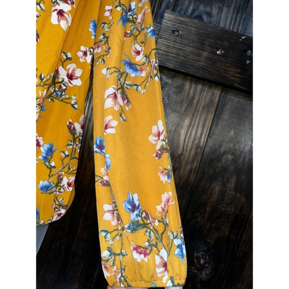 Let Them Eat Cake Off Shoulder 3/4 Sleeve Blouse Mustard Floral Size Small - Picture 2 of 9